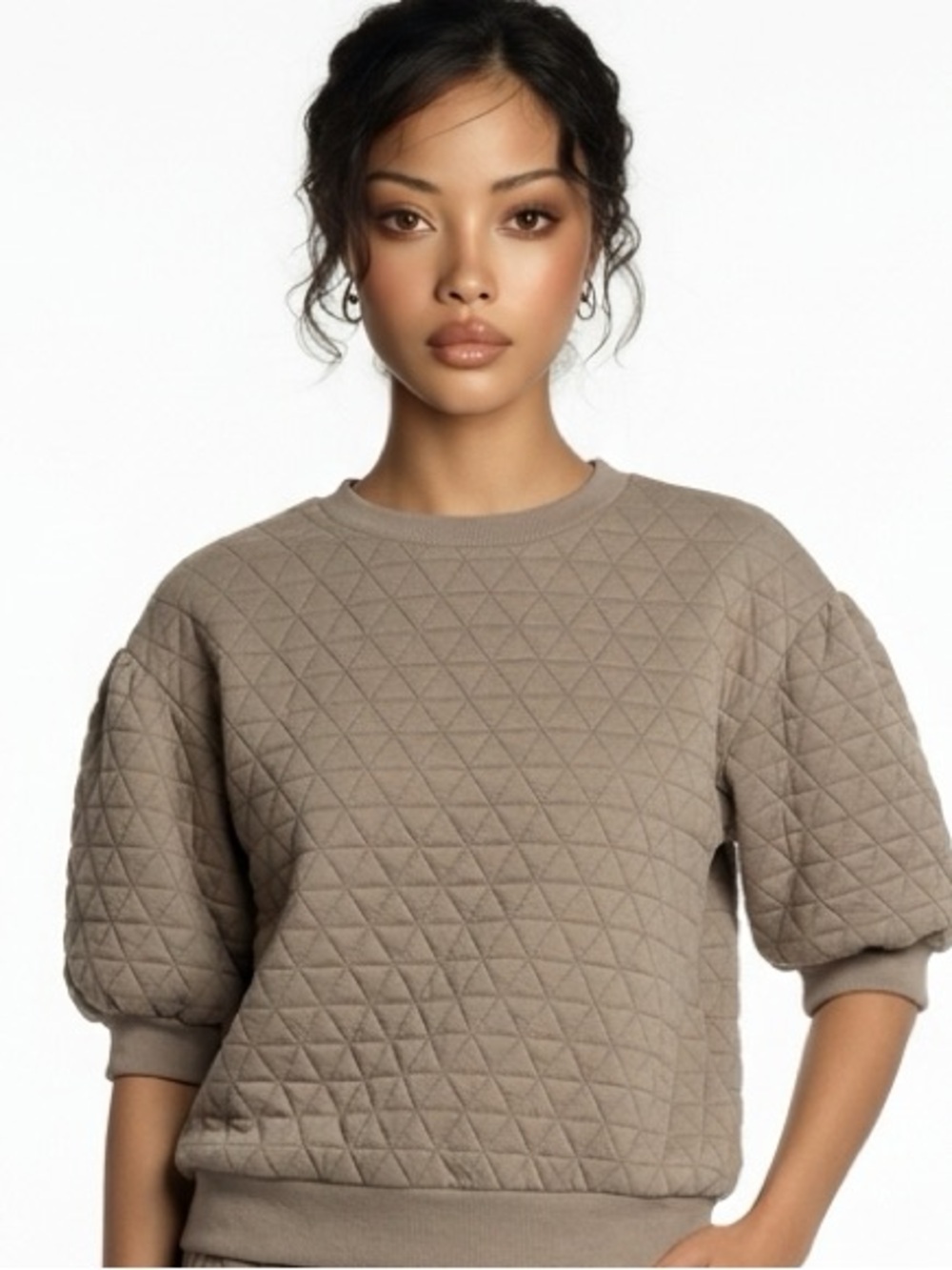 A NEW DAY | Geometric Quilted Tan Puff Sleeve Top Women’s Size Small
